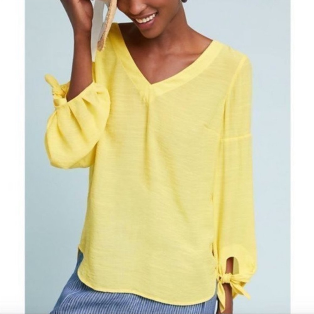 Anthropologie Yellow V-Neck Tie-Sleeve Blouse